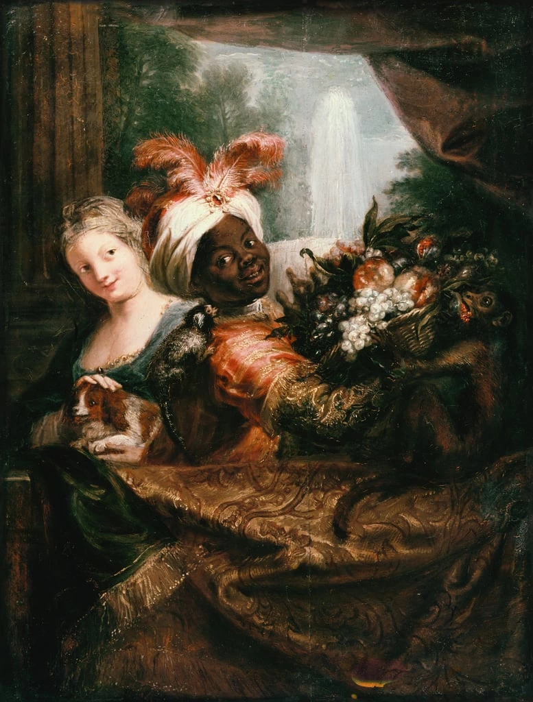 Giovane uomo di colore che tiene un cestino di frutta e una ragazza che segna un cane - Louvre, Parigi